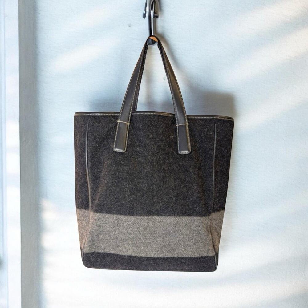 Vintage Large 2005 Coach Gray Black Wool Felt Leather Tote Bag Colorblock-Y2K